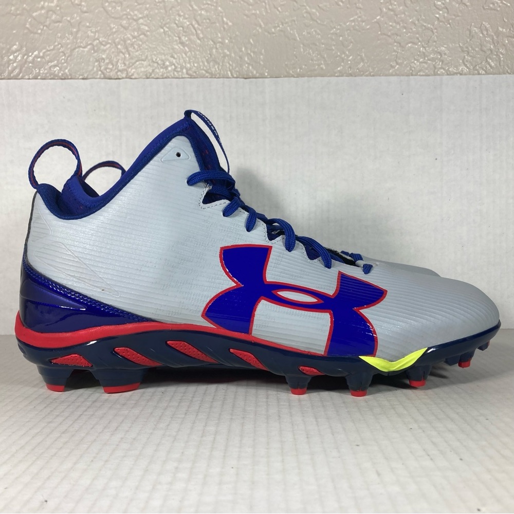 NEW Under Armour Mid Football Cleats Size 14.5 Mens Gray Blue Red Athletic Sport